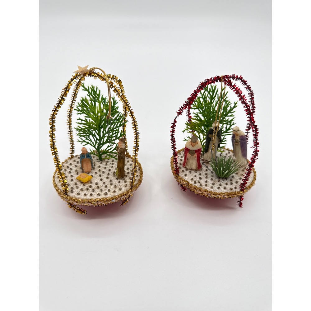 Vintage Handmade Nativity Scene Sequin Diorama Christmas Ornaments Set of 2
